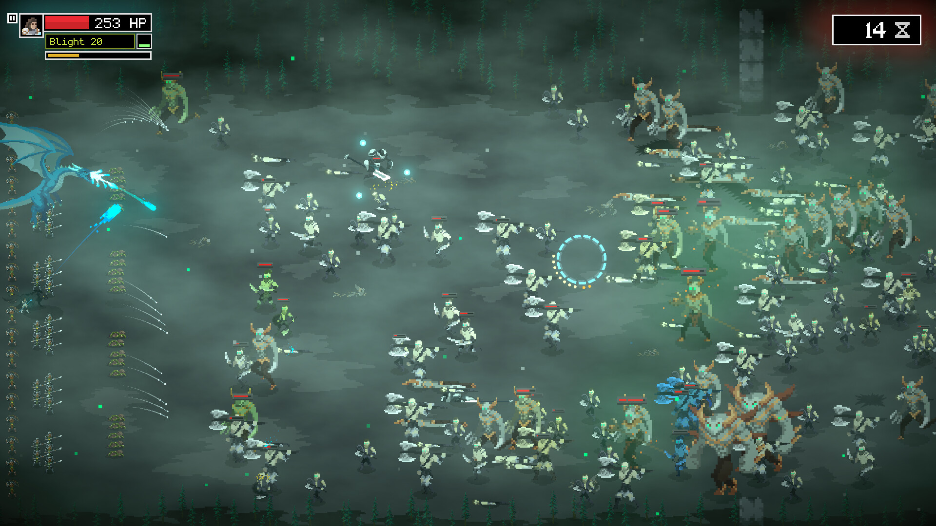 Official full-game store battle screenshot showing separate HP, Blight and hourglass displays with armies on the battlefield
