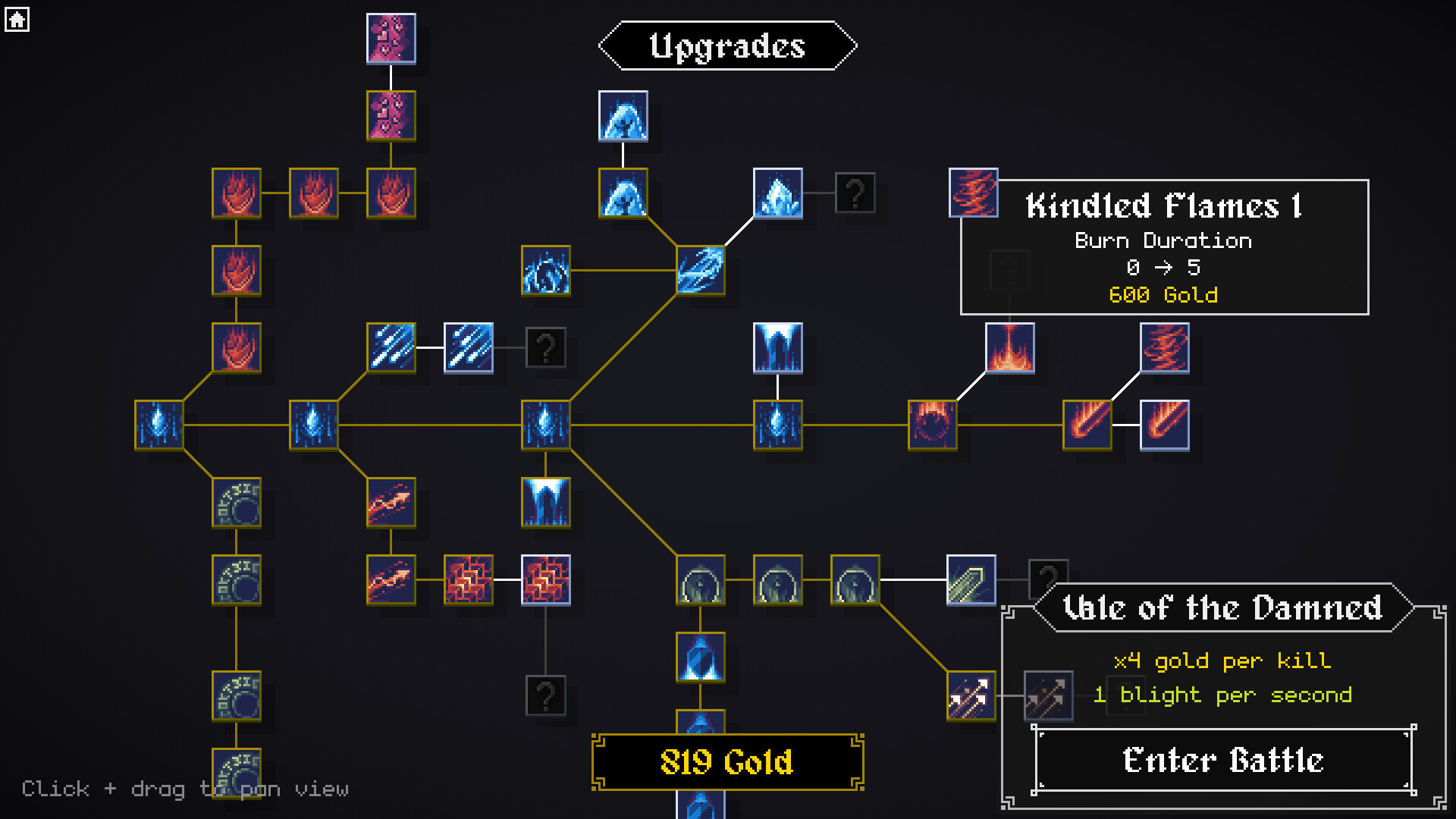 Official Steam store upgrade screenshot showing Kindled Flames I and the Vale of the Damned battlefield reward and blight text